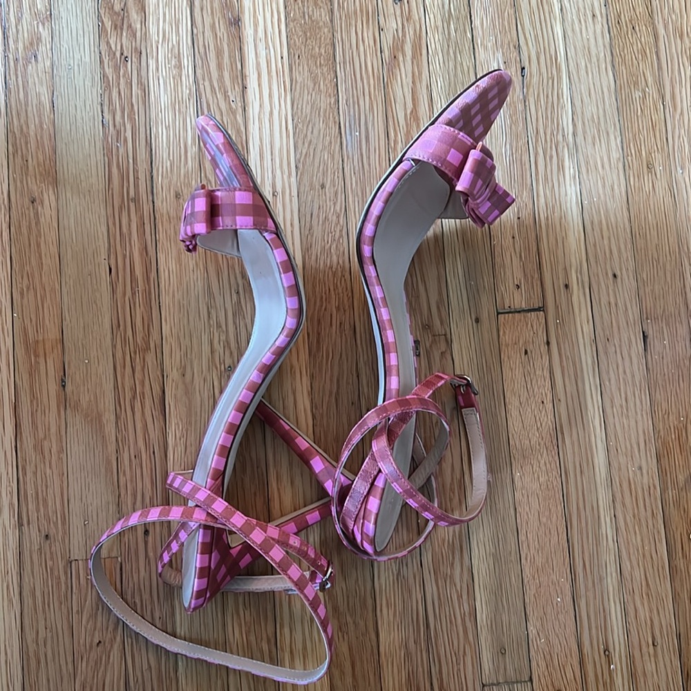 J.Crew Pink Gingham Print Leather Strappy High Heel Sandals with Bow, Size 8.5 - Picture 5 of 10